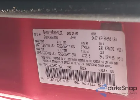 2003 Dodge Dakota R/T z USA, uszkodzony, nr VIN 1D7GL72Z53S210537